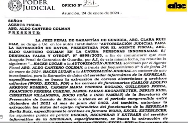 Jueza autorizó extracción de datos de correos y computadoras de Seprelad