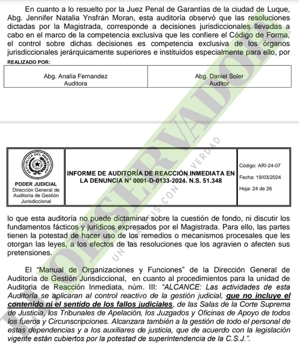 Auditoría alega que no tiene competencia sobre decisiones jurisdiccionales de jueza
