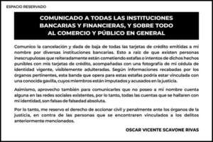 Comunicado de Oscar Vicente Scavone Rivas a todas las instituciones bancarias y financieras y sobre todo al comercio y público en general - Espacio Reservado - ABC Color