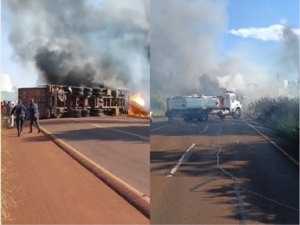 (VIDEO). Un camionazo vuelca y se incendia en Alto Paraná