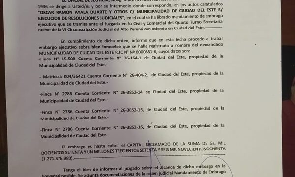 Notifican a Registros Públicos sobre embargo de propiedades municipales para pagar cuentas