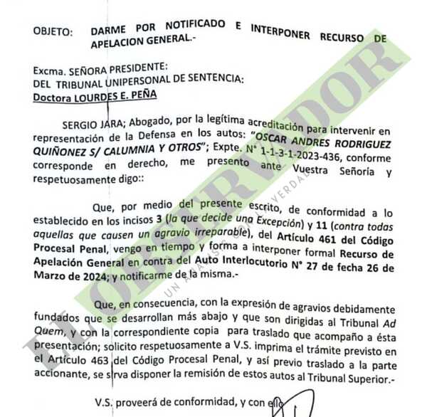 Nenecho Rodríguez apeló rechazo de incidentes en querella promovida por Celeste Amarilla