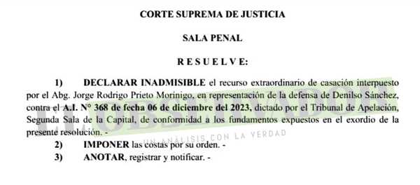 Sala Penal otorga vía libre para juicio a Denilso Sánchez Garcete