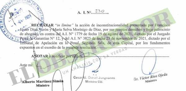 Sala Constitucional rechaza acción de Díaz Verón a más de tres meses de su absolución
