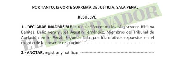 Sala Penal declara inadmisible recusación de Patricia Samudio por palpable deficiencia y falta de sustento