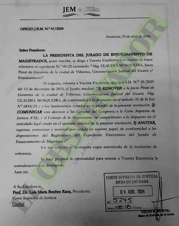JEM comunica remoción de Claudia Mosqueira quien cobró salarios estando destituida