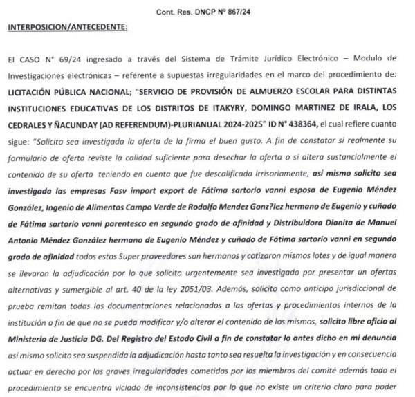DNCP abre investigación ante denuncia de alteración de ofertas de almuerzo escolar en Alto Paraná
