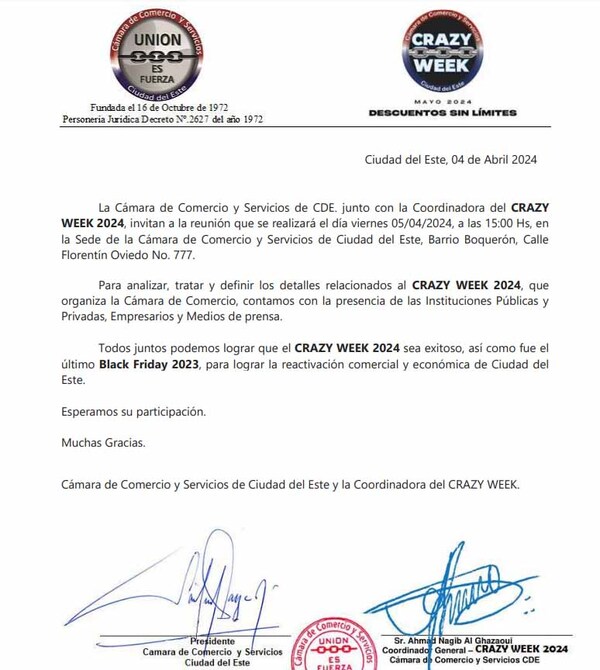 Cámara de Comercio de CDE invita a reunión organizativa del evento Crazy Week 2024 | DIARIO PRIMERA PLANA