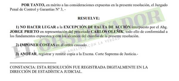 Rechazan excepción de Carlos Oleñík en causa por apropiación y estafa