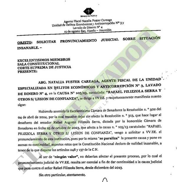 Fiscal pide a la Sala Constitucional un pronunciamiento sobre situación del senador Filizzola