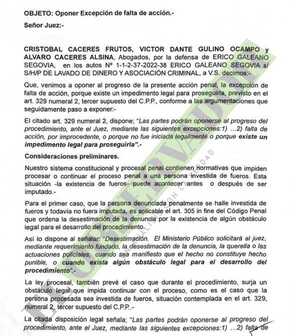 Defensa de Erico plantea excepción de falta de acción y alega que fueros otorgan inmunidad