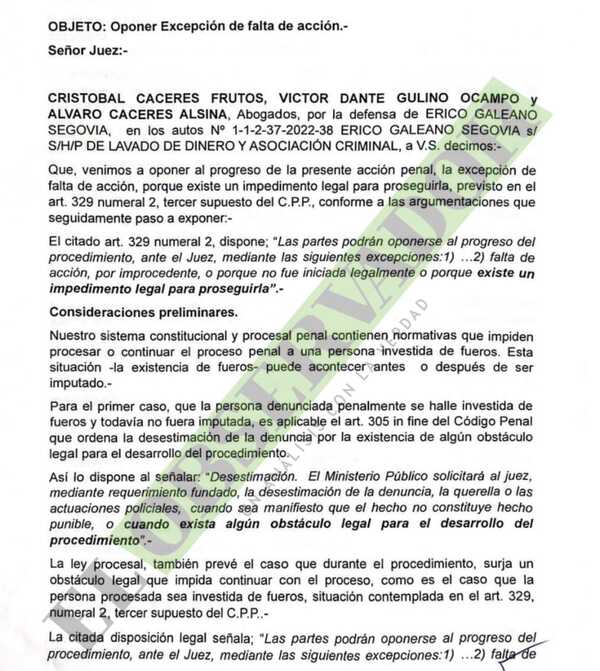 Defensa de Erico plantea excepción de falta de acción y alega que fueros otorgan inmunidad