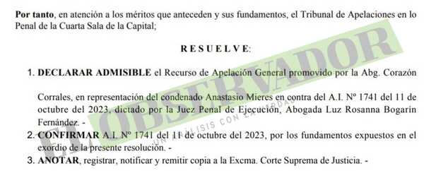Cámara ratifica rechazo a revisión de medidas de seguridad para secuestrador de Cecilia Cubas