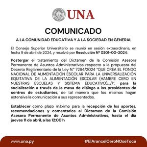 La UNA aplazó el estudio de la propuesta del Decreto Reglamentario de la Ley “Hambre Cero” - El Trueno
