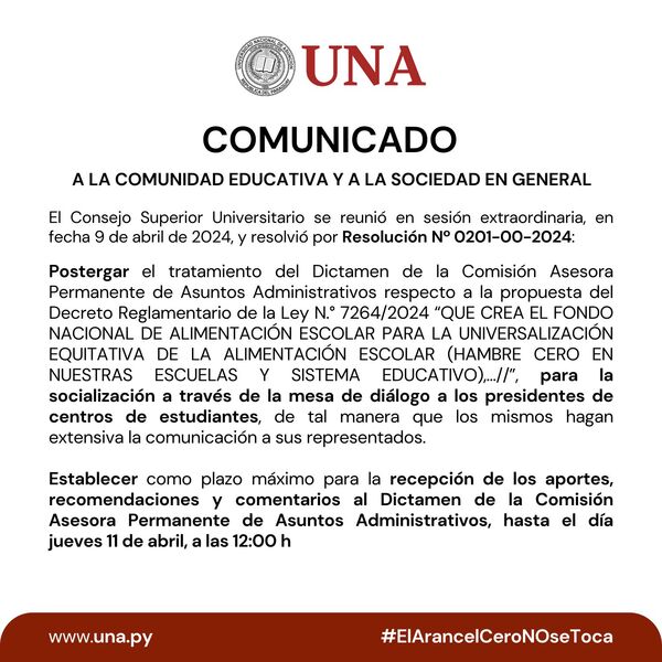 La UNA aplazó el estudio de la propuesta del Decreto Reglamentario de la Ley “Hambre Cero” - El Trueno