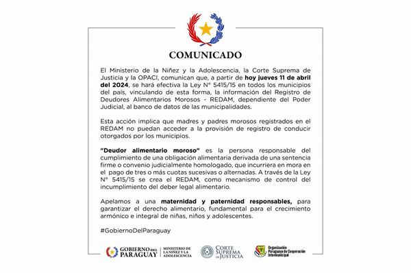 Entra en vigencia Ley 5415/15: Deudores alimentarios morosos no podrán obtener registro de conducir