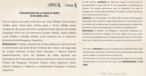 Familiares de Óscar Denis piden justicia tras la captura de familiares de Carmen Villalba en Argentina
