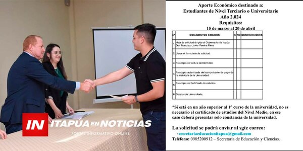 CONVOCATORIA DE LA GOBERNACIÓN PARA APOYAR FORMACIÓN PROFESIONAL DE JÓVENES - Itapúa Noticias