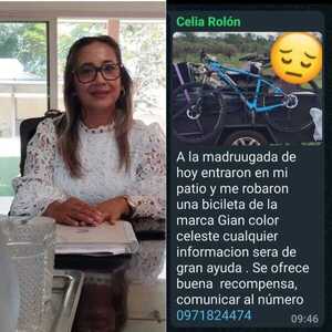 Concejala departamental denuncia hurto de su bicicleta y ofrece recompensa