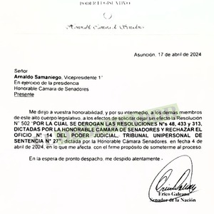 Erico y Rivas oficializan pedido de revocar restitución de fueros parlamentarios