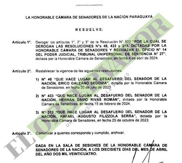 Senadores comunica a juzgados el restablecimiento del desafuero de parlamentarios imputados