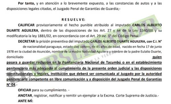 Decretan prisión preventiva para presunto distribuidor al servicio del Clan Rotela