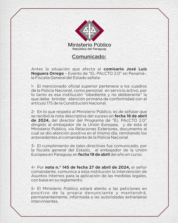 Ministerio Público se desmarca de actuaciones de jefe policial denunciado por acoso