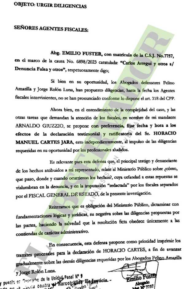 Defensa de Giuzzio solicita programar fecha y hora para declaración de Cartes