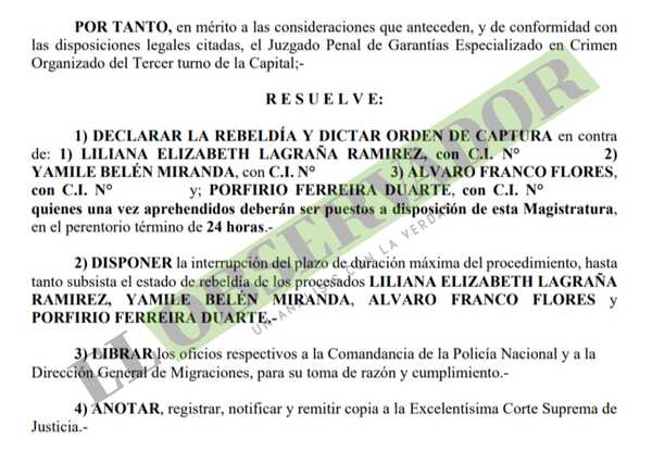 Dictan orden de captura sobre cuatro presuntos miembros de la banda de Antoliano Galeano