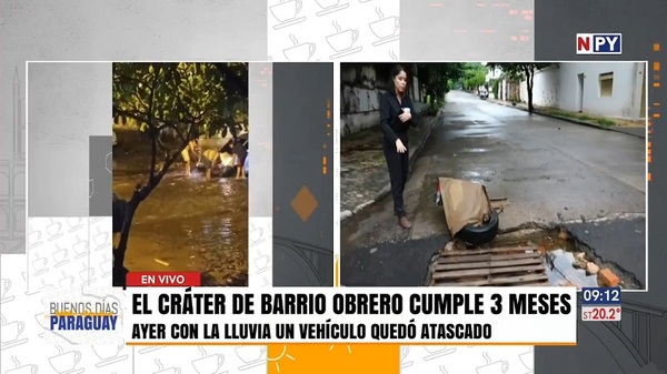 Cráter en Barrio Obrero cumple 3 meses sin solución y afectó a tres autos durante las lluvias - Noticias Paraguay
