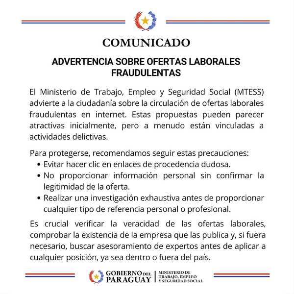 Ministerio de Trabajo advierte sobre ofertas laborales fraudulentas - .::Agencia IP::.