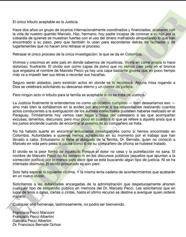 Ante nula investigación de crimen de Pecci en Paraguay “queda esperar la siguiente víctima”