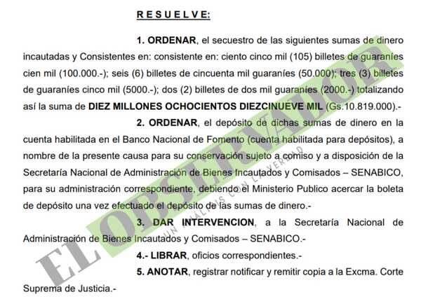 Ordenan secuestro de dinero perteneciente a supuestos traficantes
