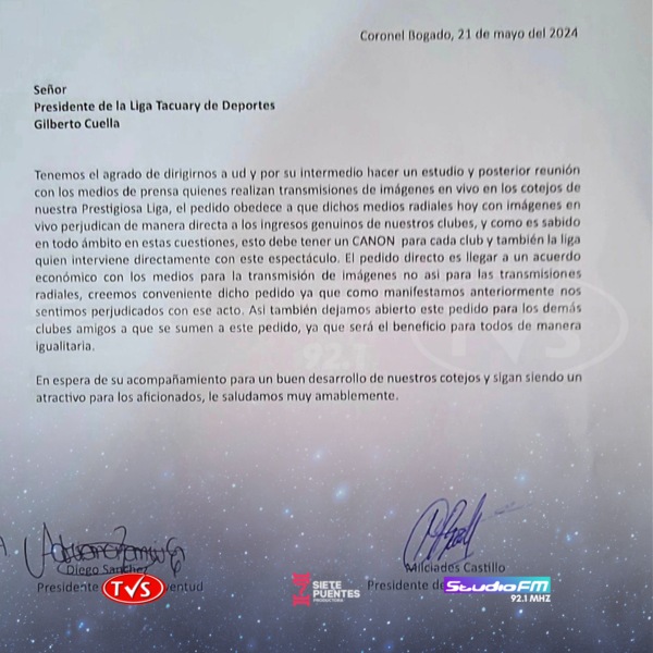 CUATRO CLUBES EN CORONEL BOGADO, SOLICITAN QUE LOS MEDIOS PAGUEN POR TRANSMITIR SUS PARTIDOS - TVS