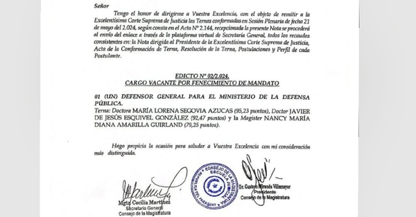 Consejo remite a la Corte terna de candidatos para el cargo de Defensor General