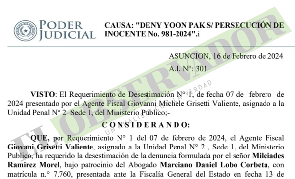 A pedido de fiscal Grisetti, jueza desestimó  la denuncia “falsa y temeraria” contra Pak