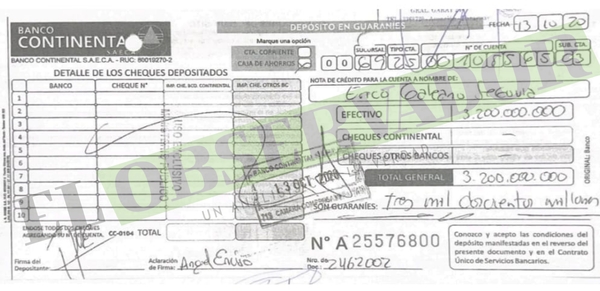Depósitos millonarios de Erico motivaron el reporte de operación sospechosa a Seprelad