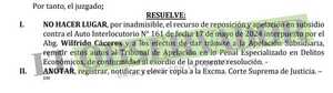 No hacen lugar a reposición de Wilfrido Cáceres por tratarse de una vía incorrecta