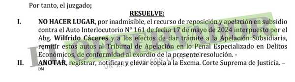 No hacen lugar a reposición de Wilfrido Cáceres por tratarse de una vía incorrecta