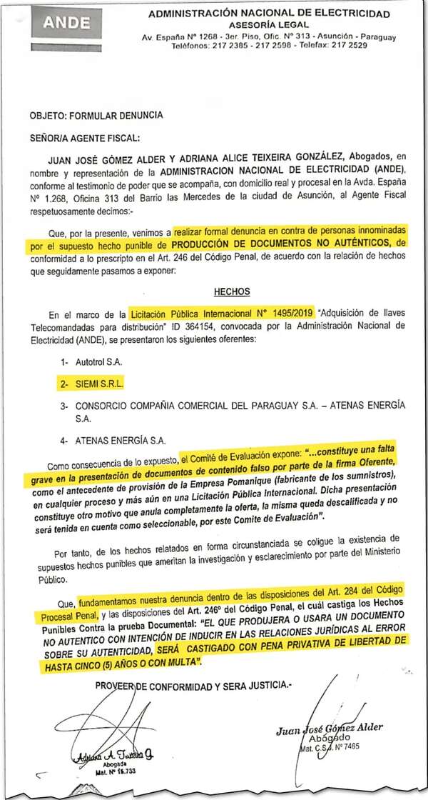 ANDE denunció la falsificación de documentos en Fiscalía, pero en cuatro años la causa no avanzó - Economía - ABC Color