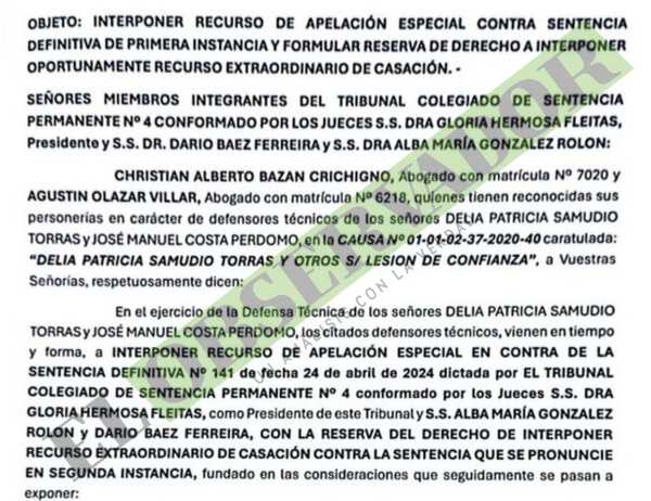 Patricia Samudio y su esposo apelan sentencia alegando que no se consumó la lesión de confianza
