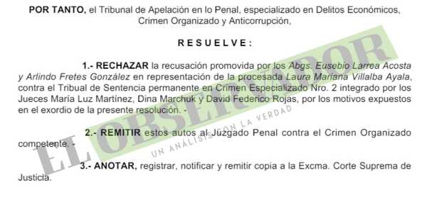 Cámara confirma a Tribunal de Sentencia en causa a hermana de Carmen Villalba