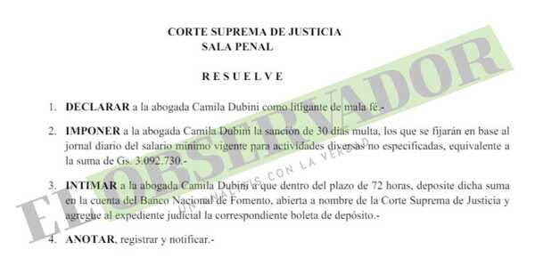 Abogada de Dubini Franco es declarada litigante de mala fe y recibe multa superior a G 3.000.000