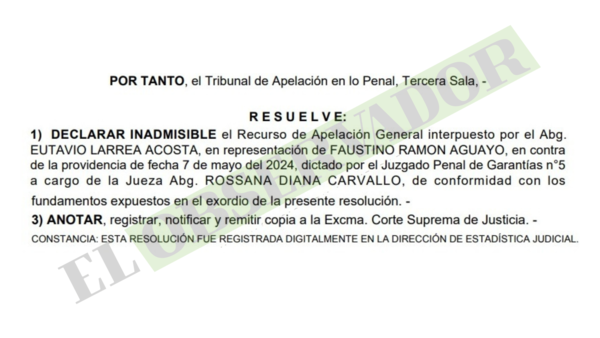 Cámara confirma abandono de defensa y remisión de antecedentes de abogadas que suspendieron preliminar del presunto narco Faustino Aguayo