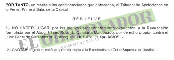 Cámara confirma a juez Palacios en proceso a Ulises Quintana con advertencia por dilaciones