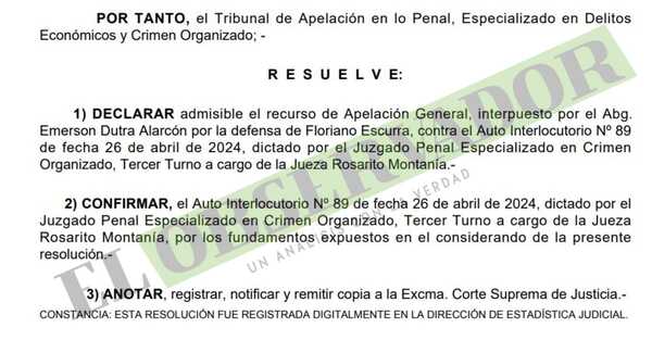 Cámara confirma elevación a juicio para presuntos informantes de “Barón” Escurra