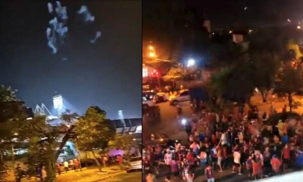 Hinchas del Ciclón en las afuera de la Nueva Olla reclamando a sus jugadores y dirigentes