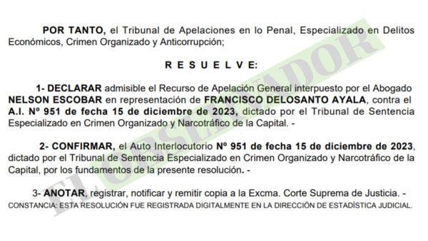 Cámara confirma inadmisibilidad de salida procesal a favor de “Chapeu”, hermano del presunto narco Francisco Ayala