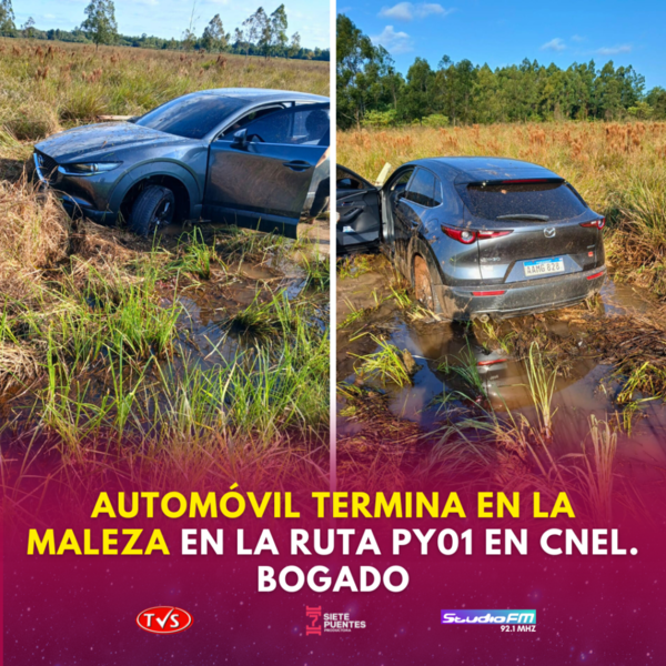 CORONEL BOGADO: AUTOMÓVIL ABANDONA EL ASFALTO Y TERMINA EN LA MALEZA - TVS