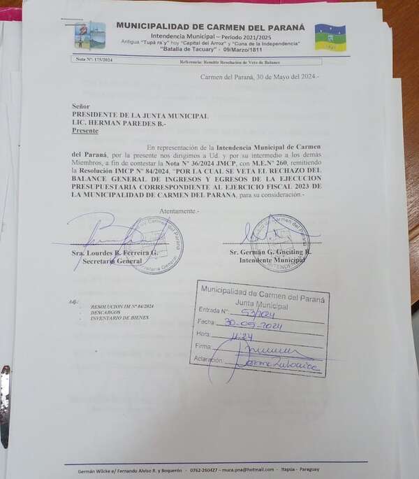 Junta rechaza veto del intendente en Carmen del Paraná, y remitirá caso a la Justicia - Nacionales - ABC Color